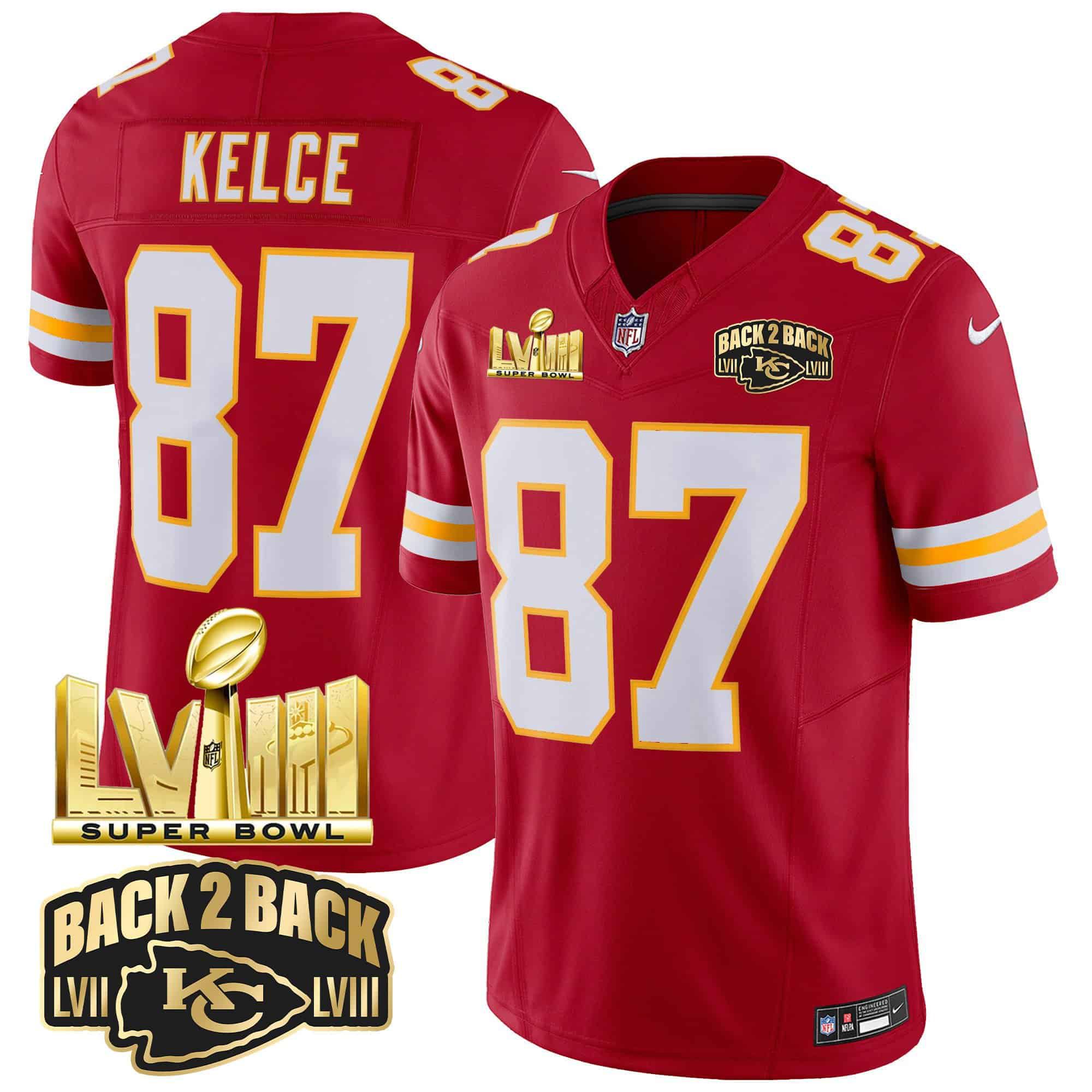 Men Kansas City Chiefs 87 Kelce Red 2024 Nike Super Bowl LVIII & Back 2 Back Gold Patch Vapor NFL Jersey style 3